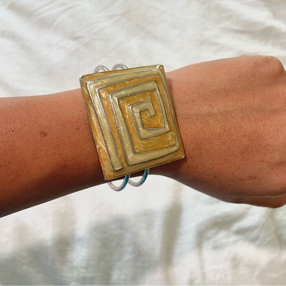 Modern Maze Design Square Enamel Gold Silver Cuff Bracelet - Picture 9 of 9